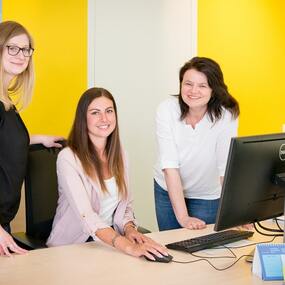Drei Frauen im modernen Büro arbeiten gemeinsam am Computer vor gelber Wand.